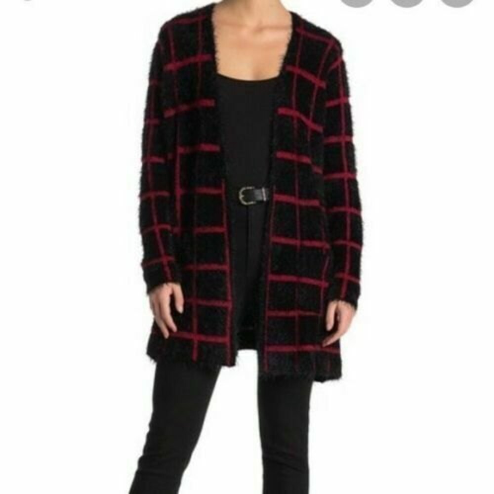 Joseph A Open Cardigan Sweater Top PM Windowpane Plaid Black Red NEW Tag $88 B48